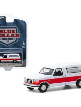 1994 Ford F-150 XLT 4x4 Pickup Truck with Camper Shell White with Red Stripe Blue Collar Collection Series 7 1/64 Diecast Model Car by Greenlight 35160E