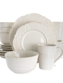 Elama Luna 16 Piece Embossed Scalloped Stoneware Dinnerware Set in White