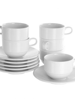 Elama Drew 12 Piece 8 Ounce Porcelain Cup and Saucer Set in White