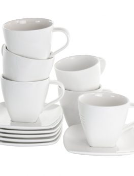Elama Market Square 12 Piece 10 Ounce Porcelain Cup and Saucer Set in White