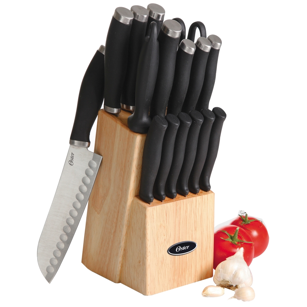 Oster Brentford 17 Piece Stainless Steel Cutlery Knife Set with Rubber Wood Block