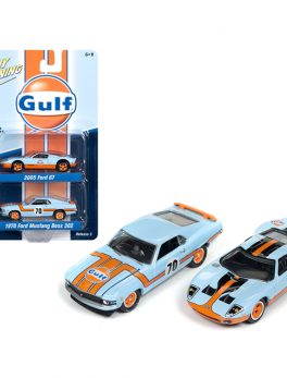 2005 Ford GT Light Blue and 1970 Ford Mustang Boss 302 #70 Light Blue Gulf Oil 1/64 Diecast Model Cars by Johnny Lightning JLPK004-JLSP042