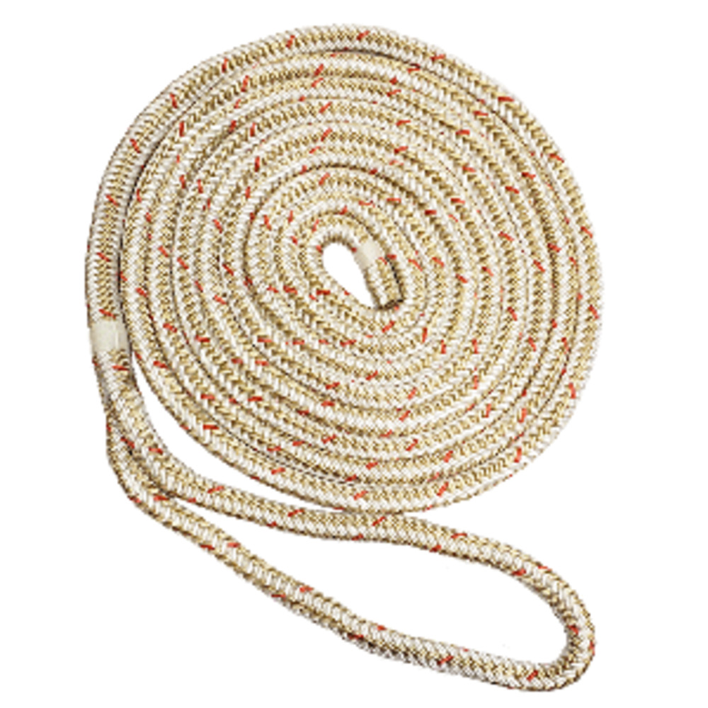 New England Ropes 5/8" x 15 and #39; Nylon Double Braid Dock Line - White/Gold w/Tracer