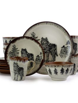 Elama Majestic Wolf 16 Piece Luxurious Stoneware Dinnerware with Complete Setting for 4