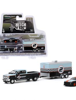 2019 Ford F-350 Lariat Dually Pickup Truck and 2019 Ford Mustang Shelby GT350R #2 with Enclosed Car Hauler Gulf Oil Racing Hitch and Tow Series 2 1/64 Diecast Model Cars by Greenlight 31090B