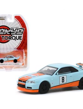 2001 Nissan Skyline GT-R (BNR34) #8 Gulf Oil Light Blue with Orange Stripes Tokyo Torque Series 8 1/64 Diecast Model Car by Greenlight 47060C