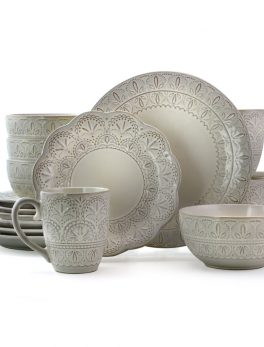 Elama White Lace 16 Piece Luxurious Stoneware Dinnerware with Complete Setting for 4