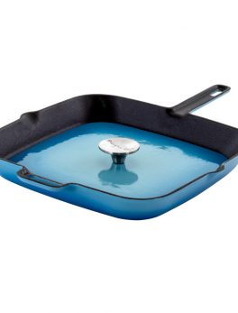 MegaChef 14 Inch Square Enamel Cast Iron Grill Pan with Matching Grill Press in Blue with Press
