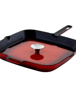 MegaChef 14 Inch Square Enamel Cast Iron Grill Pan with Matching Grill Press in Red with Press