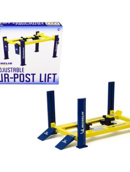 Adjustable Four Post Lift Michelin Tires Blue and Yellow for 1/18 Scale Diecast Model Cars by Greenlight 13554
