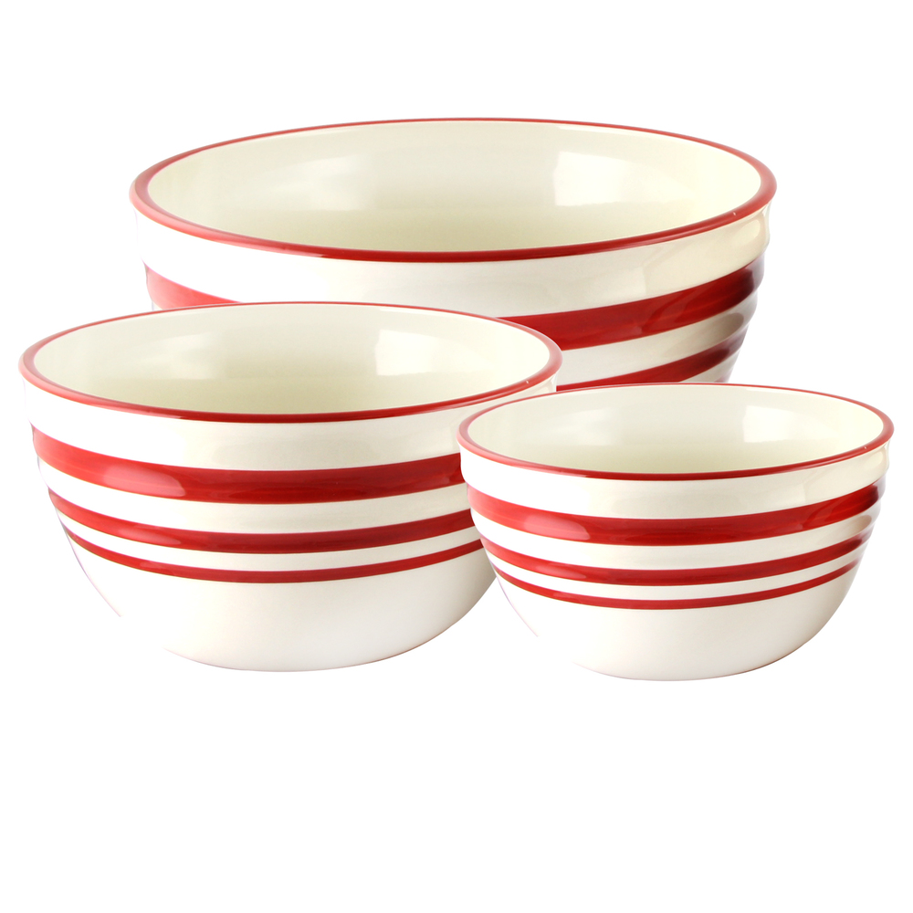 General Store Hollydale Stoneware Nesting Bowl Set in Linen/Red, Set of 3