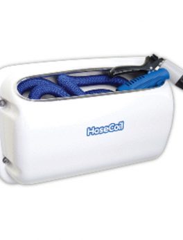 HoseCoil Side Mount Expandable White Enclosure w/50 and #39; Blue Hose, Shutoff Valve and amp; Rubber Tip Nozzle