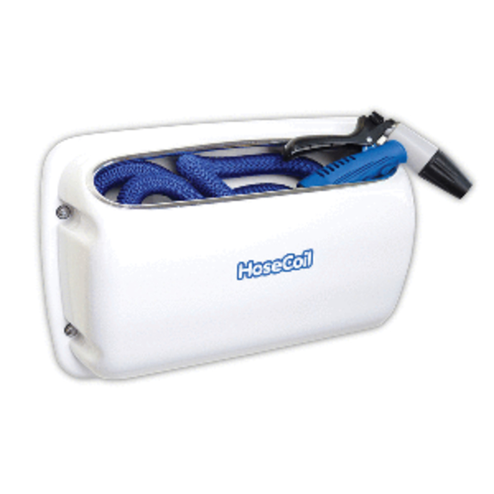 HoseCoil Side Mount Expandable White Enclosure w/50 and #39; Blue Hose, Shutoff Valve and amp; Rubber Tip Nozzle