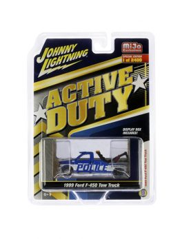 1999 Ford F-450 Police Tow Truck Blue with White Stripes Active Duty Limited Edition to 2400 pieces Worldwide 1/64 Diecast Model by Johnny Lightning JLCP7255