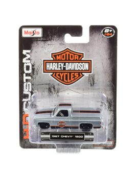 1987 Chevrolet Silverado 1500 Pickup Truck with Bed Cover Silver with Black and Orange Stripes Harley-Davidson H-D Custom 1/64 Diecast Model Car by Maisto 15380-19B