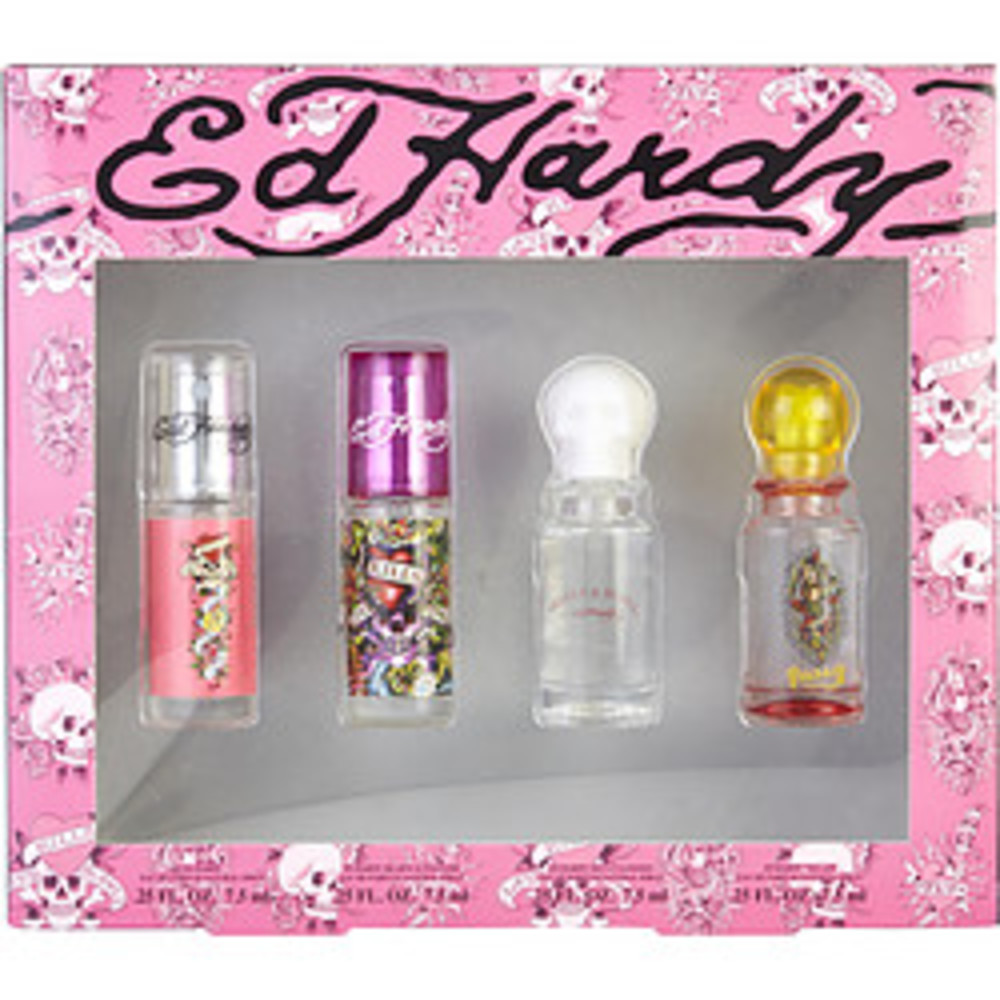 Ed Hardy Variety 4 Piece Womens Mini Set With Ed Hardy and Ed Hardy Hearts and Daggers and Ed Hardy Skulls and Roses and Ed Hardy Villain and All Are Eau De Parfum Spray .25 Oz Minis For Women