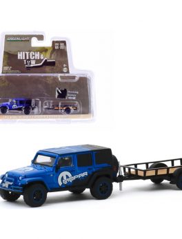 2012 Jeep Wrangler Unlimited MOPAR Off-Road Edition Dark Blue and Black and Utility Trailer Hitch and Tow Series 19 1/64 Diecast Model Car by Greenlight 32190B