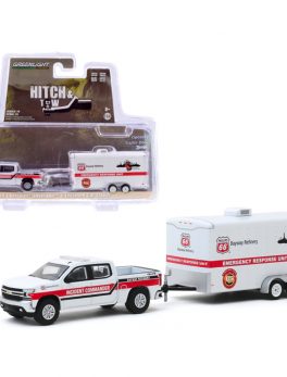 2019 Chevrolet Silverado Pickup Truck White and Phillips 66 Bayway Refinery Emergency Response Unit Enclosed Car Trailer White Hitch and Tow Series 19 1/64 Diecast Model Car by Greenlig 32190D
