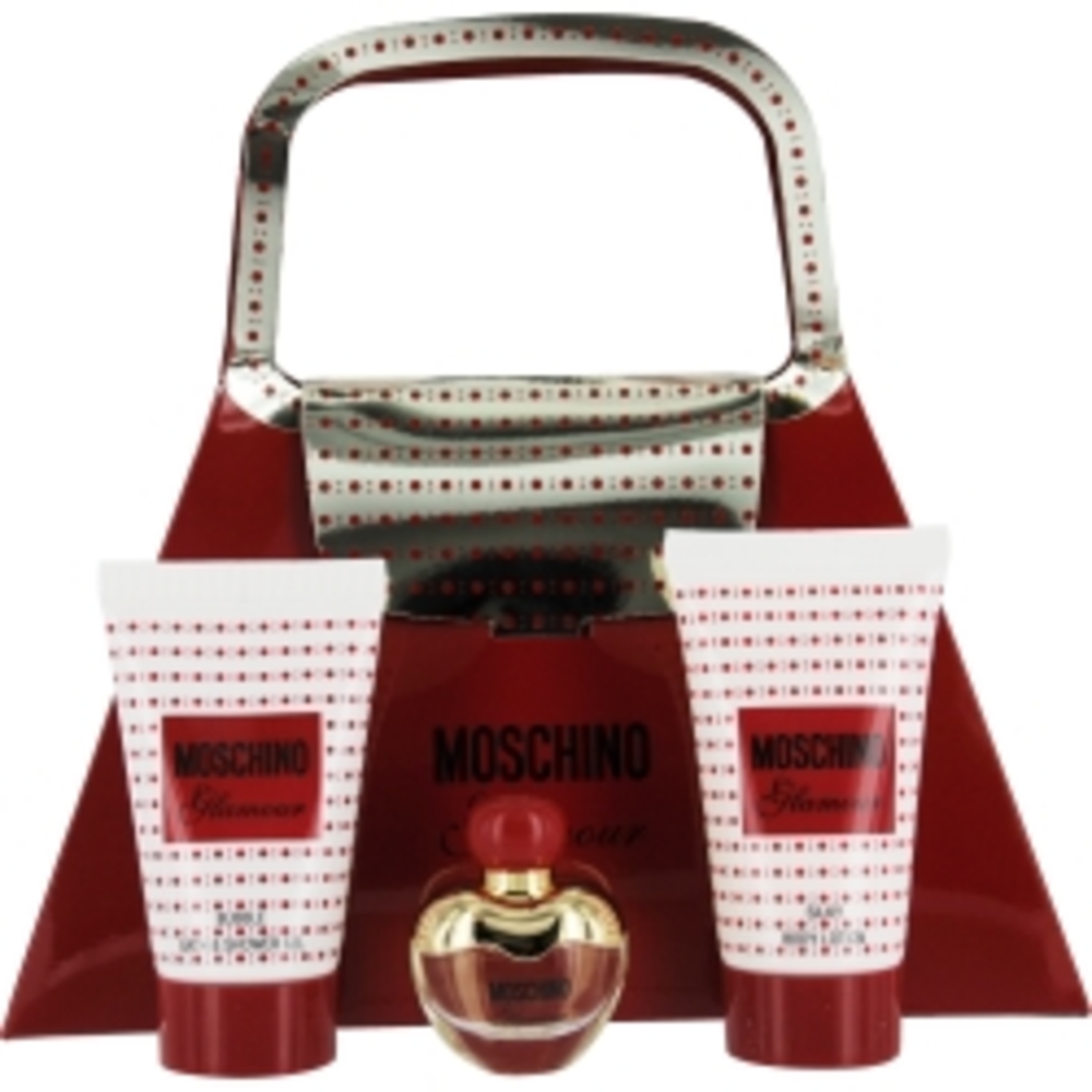 Moschino Glamour Eau De Parfum Mini .16 Oz and Silky Body Lotion .8 Oz and Bubble Bath And Shower Gel .8 Oz For Women