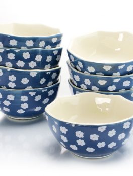 Life On The Farm 8 Piece 4.75 Inch Octagon Shaped Durastone Fruit Bowls in Blue/White