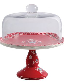 General Store Cherry Diner 10.25 in. Hand Painted Durastone Cake Stand with Glass Dome