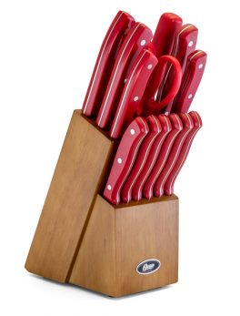 Oster Evansville 14 Piece Stainless Steel Cutlery Set with Red Handles