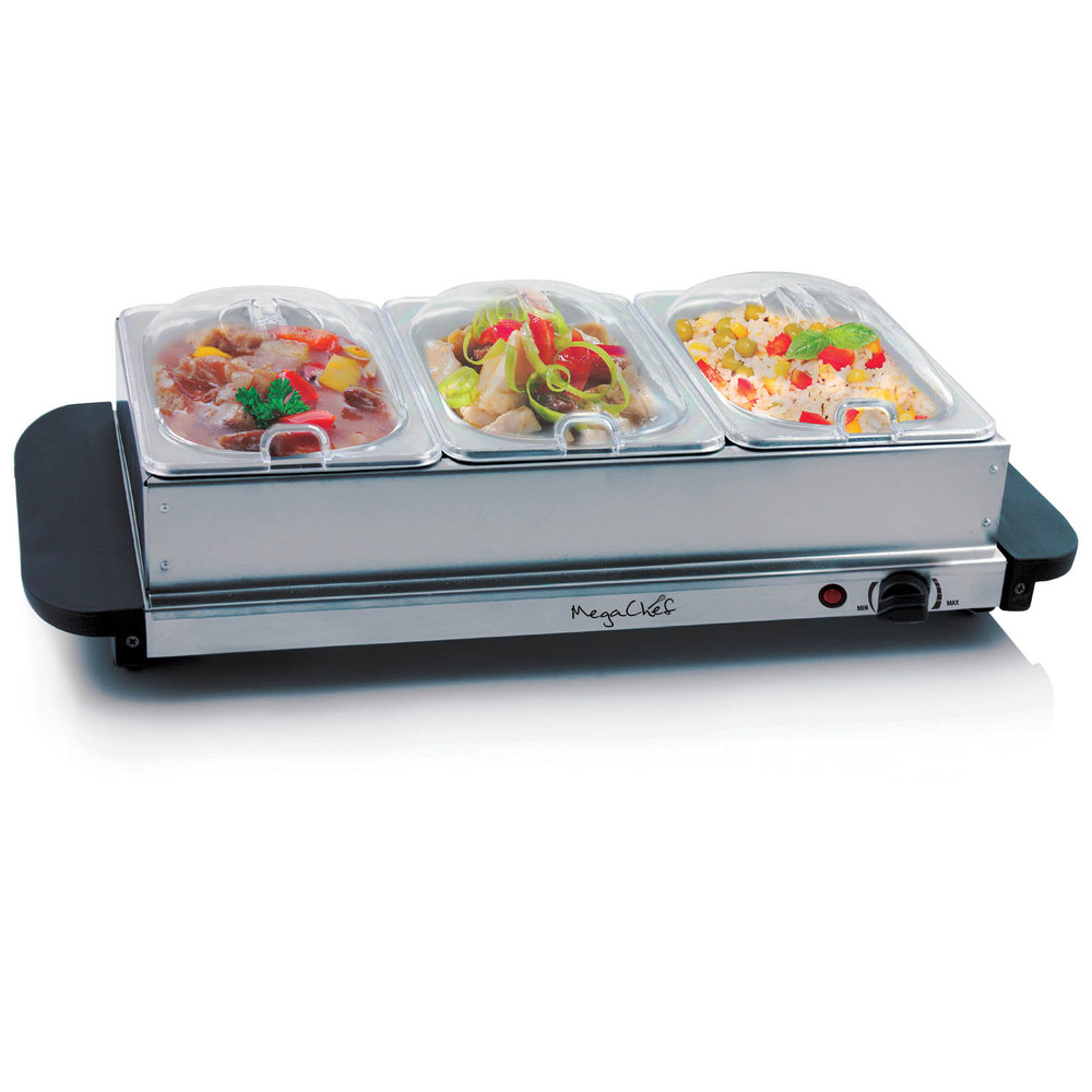 MegaChef Buffet Server and amp; Food Warmer With 3 Removable Sectional Trays , Heated Warming Tray and Removable Tray Frame