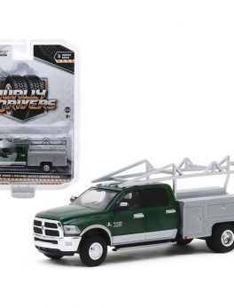 2018 RAM 3500 Laramie Dually Service Bed Truck with Ladder Rack Green Metallic and Gray Metallic Dually Drivers Series 3 1/64 Diecast Model Car by Greenlight 46030C