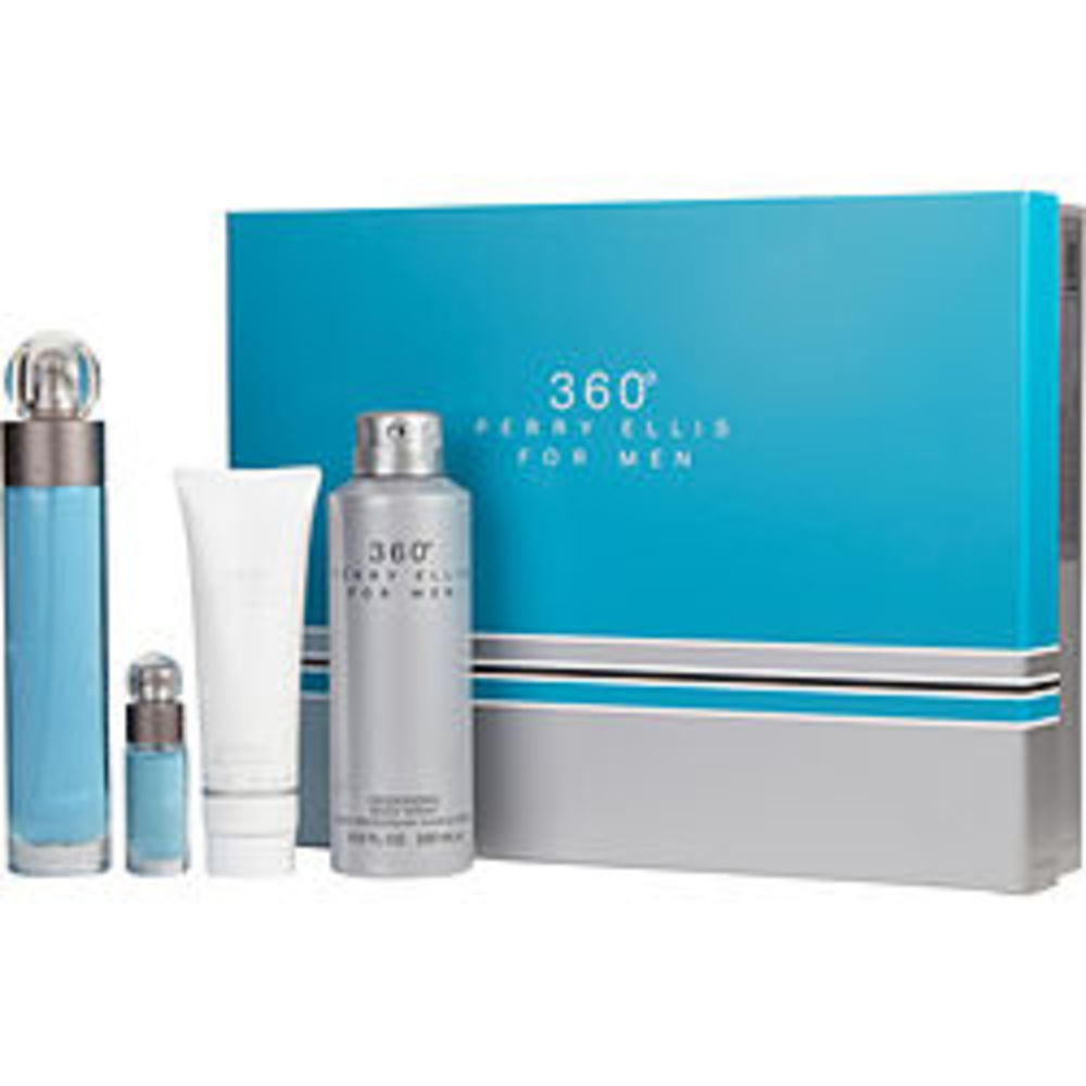 Perry Ellis 360 Edt Spray 3.4 Oz and Shower Gel 3 Oz and Deodorant Body Spray 6.8 Oz and Edt Spray .25 Oz Mini For Men