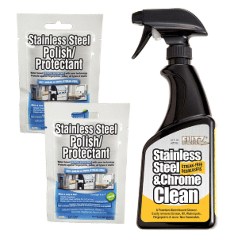 Flitz Stainless Steel and amp; Chrome Cleaner w/Degreaser 16oz Spray Bottle w/2 Stainless Steel Polish/Protectant Towelette Packets