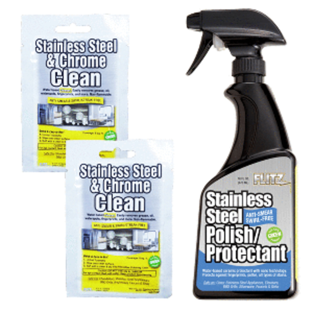 Flitz Stainless Steel Polish 16oz Spray Bottle w/2 Stainless Steel and amp; Chrome 8" x 8" Towelette Packets