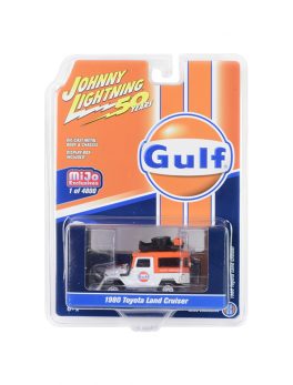 1980 Toyota Land Cruiser Gulf Oil Orange and White with Accessories Johnny Lightning 50th Anniversary Limited Edition to 4800 pieces Worldwide 1/64 Diecast Model Car by Johnny Lightni JLCP7238