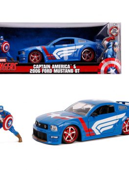 2006 Ford Mustang GT with Captain America Diecast Figurine Avengers Marvel Series 1/24 Diecast Model Car by Jada JA31187