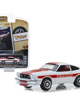 1978 Ford Mustang II Cobra II White with Red and Orange Stripes Cobra Bites Man. Both Live. Vintage Ad Cars Series 1 1/64 Diecast Model Car by Greenlight 39020F