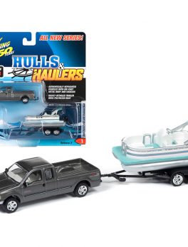 2004 Ford F-250 Pickup Truck Dark Shadow Gray Metallic with Pontoon Boat Limited Edition to 4,504 pieces Worldwide Hulls and Haulers Series 2 Johnny Lightning 50th Anniversary 1/64 Diec JLBT012B-JLSP069