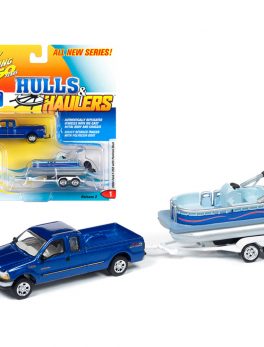 2004 Ford F-250 Pickup Truck Sonic Blue Metallic with Pontoon Boat Limited Edition to 4,552 pieces Worldwide Hulls and Haulers Series 2 Johnny Lightning 50th Anniversary 1/64 Diecast Mo JLBT012A-JLSP066