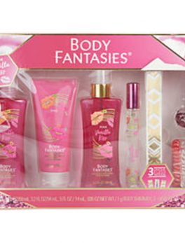 Body Fantasies Pink Vanilla Kiss Fantasy Body Spray 3.2 Oz and Lotion Cream 2 Oz and Body Wash 3.2 Oz and Edt Spray .5 Oz and Body Shimmer, 3 - Hair Ties, 3 - Flash Tattoos For Women