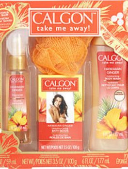 Calgon Hawaiin Ginger Fragance Mist 2 Oz and Body Wash 6 Oz and Bath Beads 3.5 Oz and Shower Pouf For Women