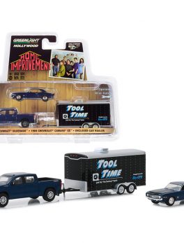 2019 Chevrolet Silverado Pickup Truck with 1969 Chevrolet Camaro SS and Enclosed Car Hauler Home Improvement (1991-1999) TV Series Hollywood Hitch and Tow Series 7 1/64 Diecast Model 31080C