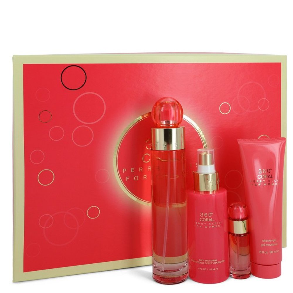 Perry Ellis 360 Coral By Perry Ellis Gift Set -- 3.4 Oz Eau De Parfum Spray + .25 Oz Mini Edp Spray + 4 Oz Body Mist Spray + 3 Oz Shower Gel For Women