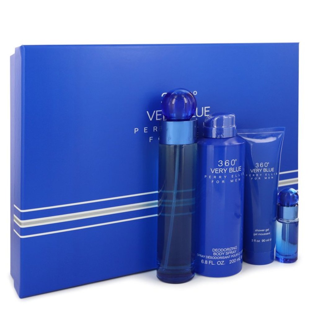 Perry Ellis 360 Very Blue By Perry Ellis Gift Set -- 3.4 Oz Eau De Toilette Spray + .25 Oz Mini Edt Spray + 3 Oz Shower Gel + 6.8 Oz Body Spray For Men