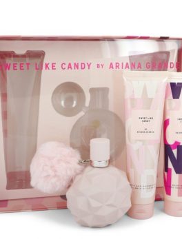 Sweet Like Candy By Ariana Grande Gift Set -- 3.4 Oz Eau De Parfum Spray + 3.4 Oz Body Souffle + 3.4 Oz Bath and Shower Gel For Women