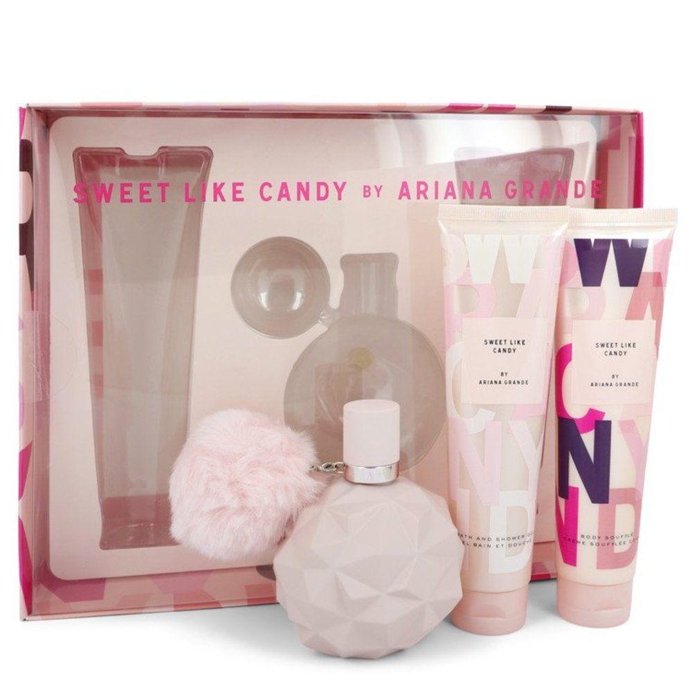 Sweet Like Candy By Ariana Grande Gift Set -- 3.4 Oz Eau De Parfum Spray + 3.4 Oz Body Souffle + 3.4 Oz Bath and Shower Gel For Women