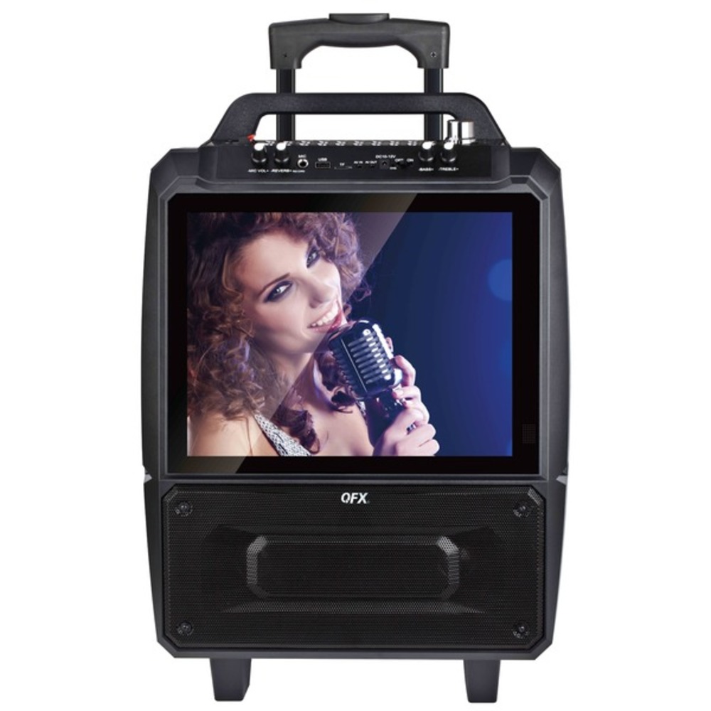 QFX KAR-812 Portable Karaoke Speaker System with Bluetooth, 14-Inch Screen, and 2 x 5-Inch Speakers