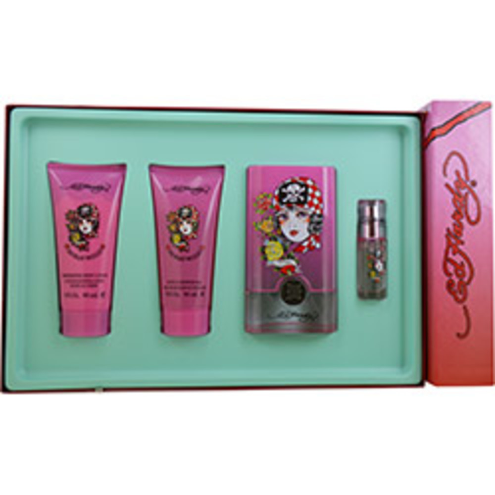 Ed Hardy Born Wild Eau De Parfum Spray 3.4 Oz and Shimmer Body Lotion 3 Oz and Shower Gel 3 Oz and Eau De Parfum Spray .25 Oz Mini For Women