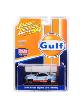 1999 Nissan Skyline GT-R (BNR34) Gulf Oil Johnny Lightning 50th Anniversary Limited Edition to 3600 pieces Worldwide 1/64 Diecast Model Car by Johnny Lightning JLCP7237