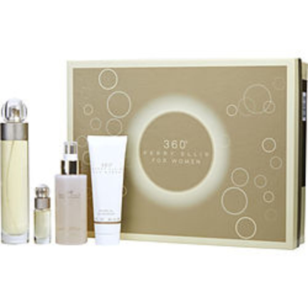 Perry Ellis 360 Edt Spray 3.4 Oz and Body Mist 4 Oz and Shower Gel 3 Oz and Edt Spray .25 Oz Mini For Women