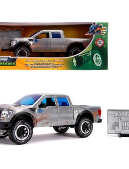 2011 Ford F-150 SVT Raptor Pickup Truck Raw Metal with Blue Stripes (Dirty Version) Just Trucks Jada 20th Anniversary 1/24 Diecast Model Car by Jada 31086