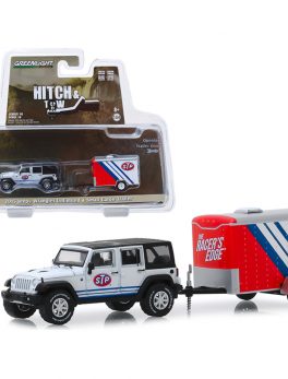 2015 Jeep Wrangler Unlimited STP White with Black Top and STP Small Cargo Trailer Hitch and Tow Series 18 1/64 Diecast Model Car by Greenlight 32180B