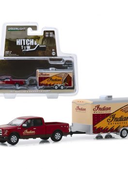 2017 Ford F-150 4x4 Pickup Truck Red Indian Motorcycle and Indian Motorcycle Enclosed Car Hauler Hitch and Tow Series 18 1/64 Diecast Model Car by Greenlight 32180C